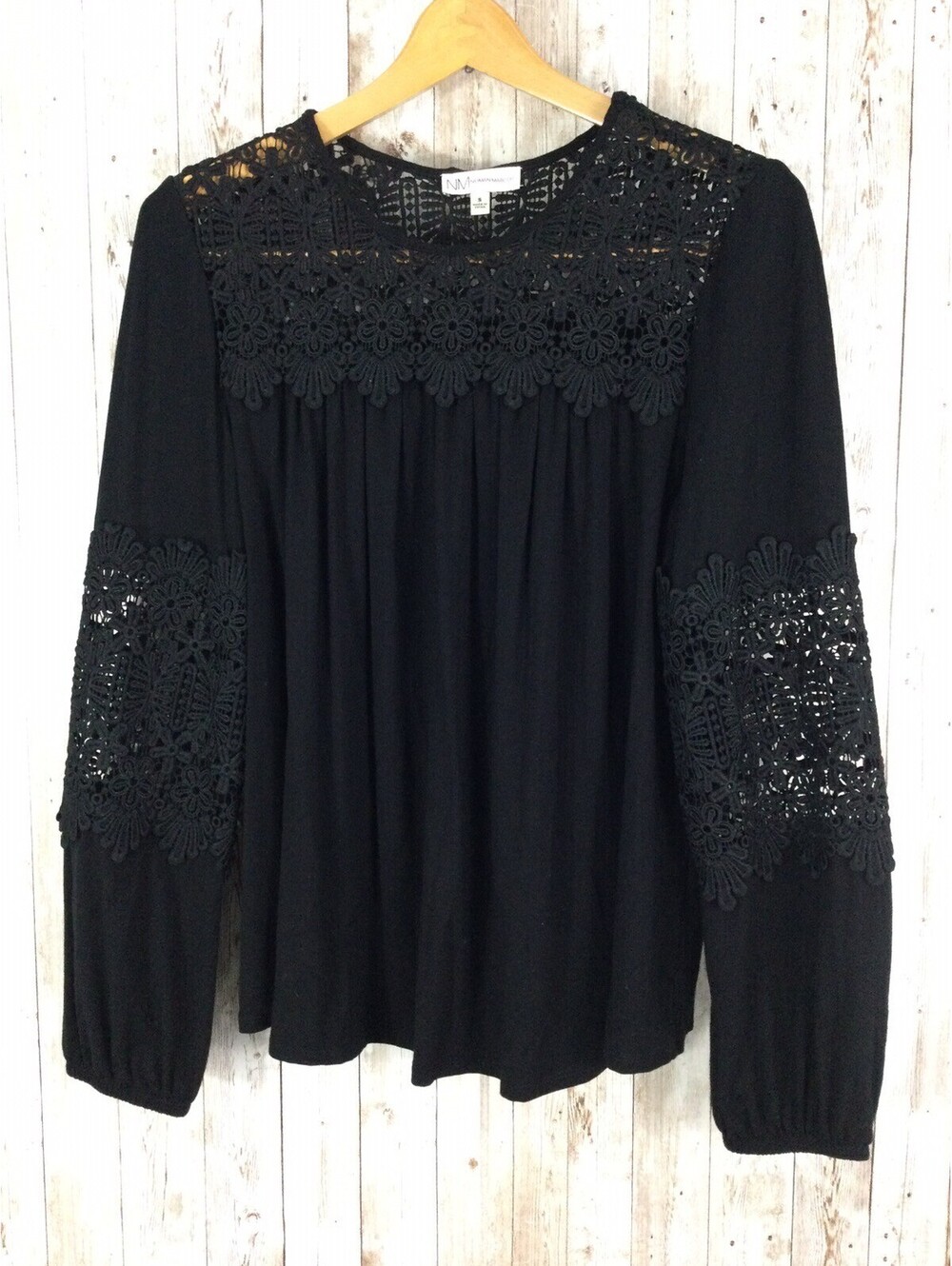 NM Neiman Marcus  Womens Flowy Lace Top Size Small Witchy Black Boho Long Sleeve